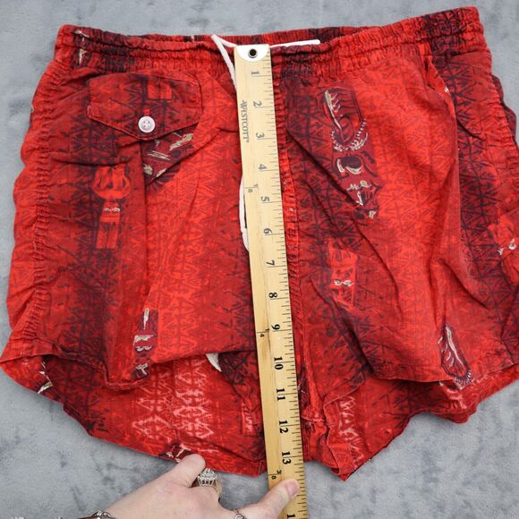 Swim Shorts Womens Red Elastic Waist Drawstring Button Pocket Graphic Print - Picture 3 of 14